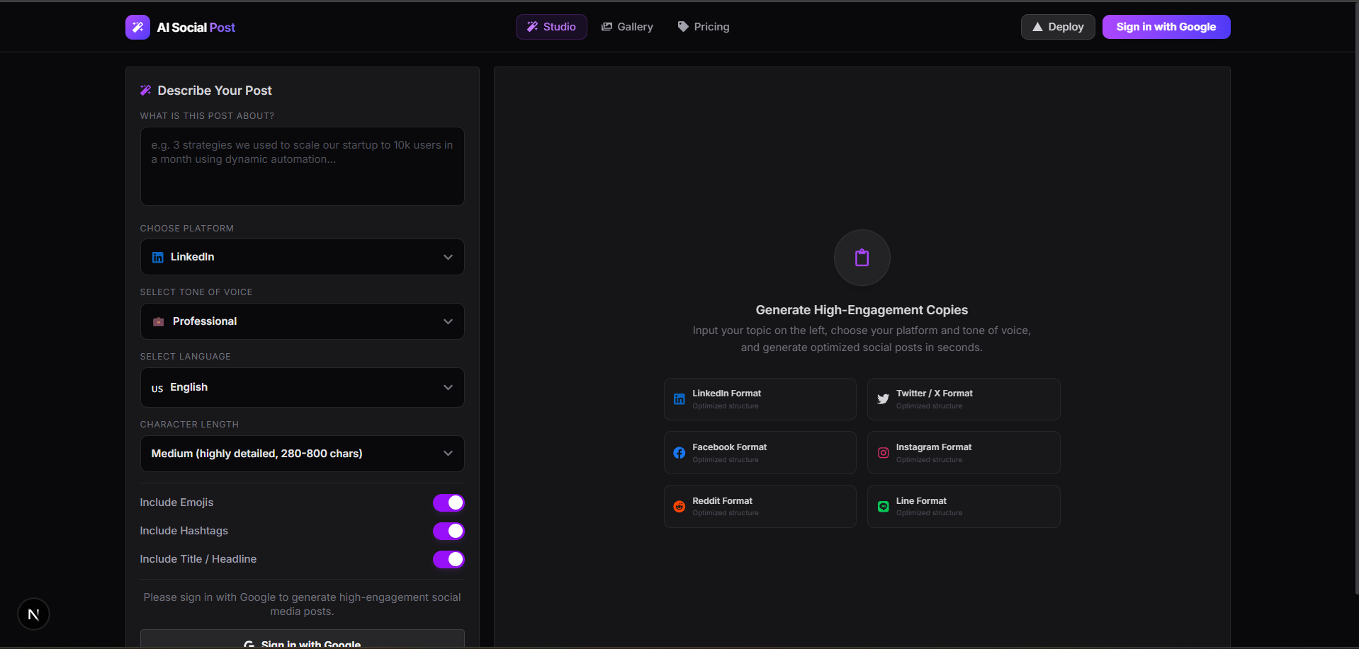 AI Social Post Generator Dashboard UI