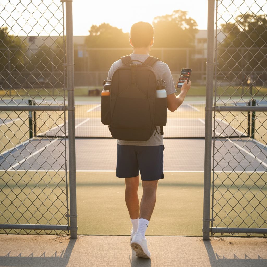 Pickleball player heading to court carrying a black backpack, phone in hand showing shopping deal alerts