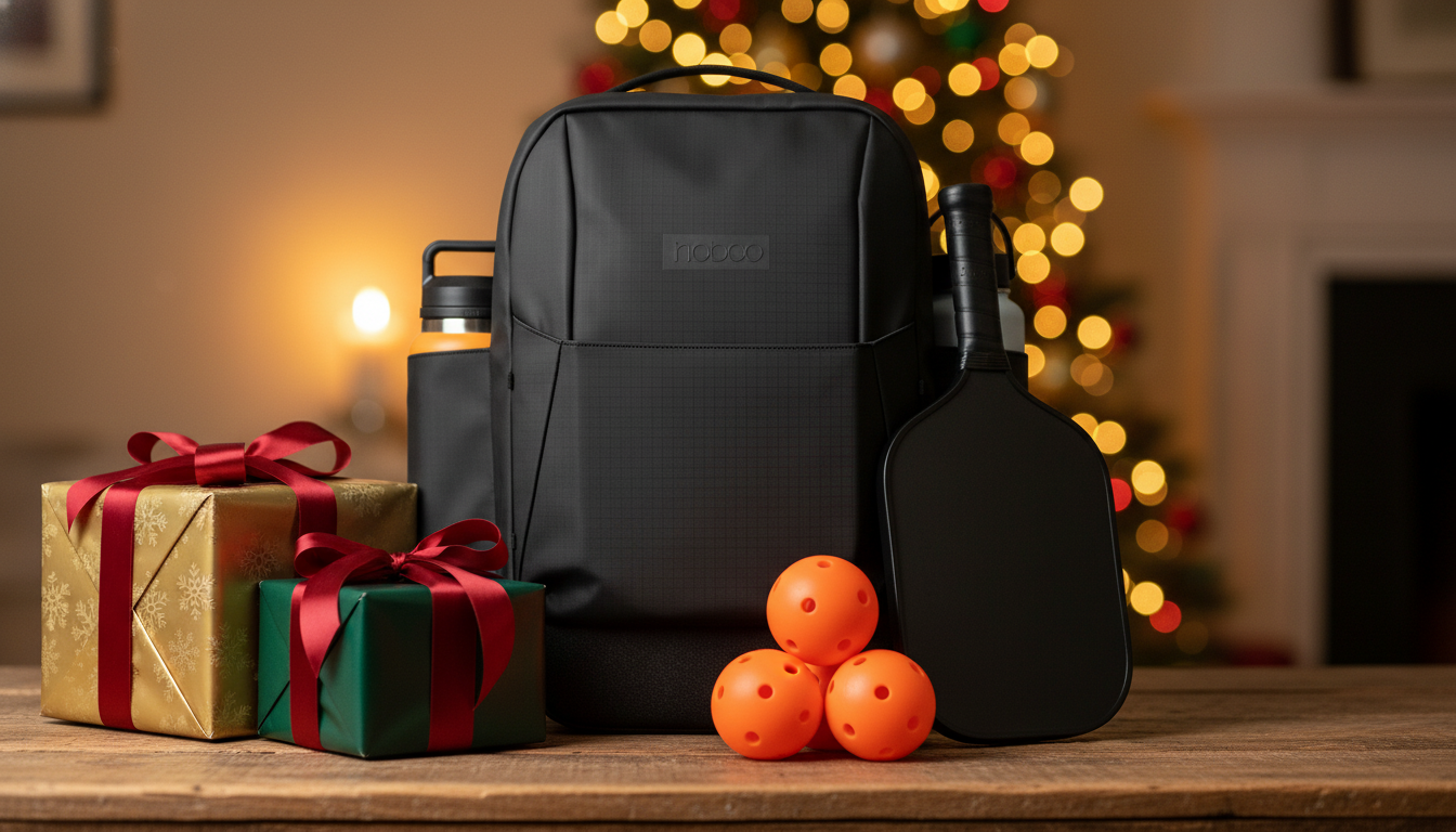 Best pickleball Christmas gifts 2026 — FORWRD Court Caddy bag with wrapped presents and paddle