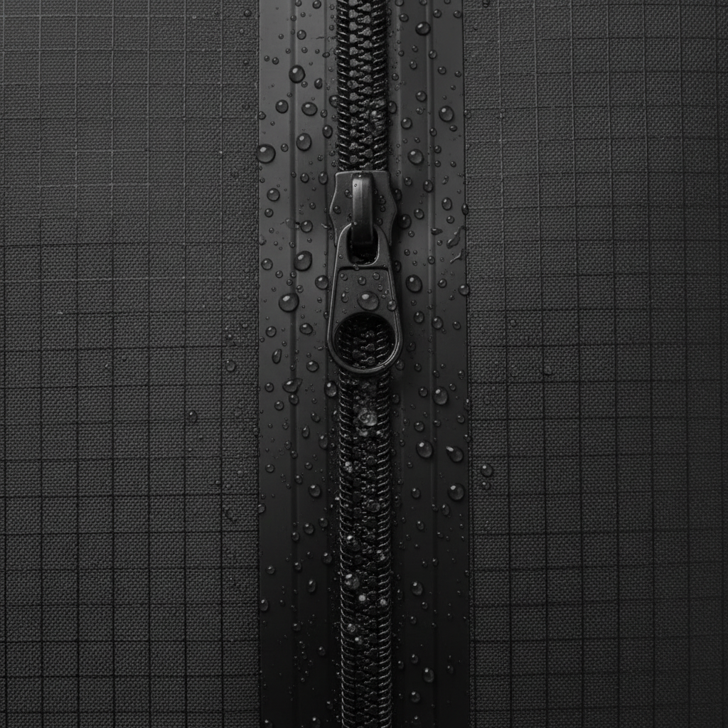 Close-up of YKK AquaGuard waterproof zipper on pickleball backpack with water beading on zipper surface