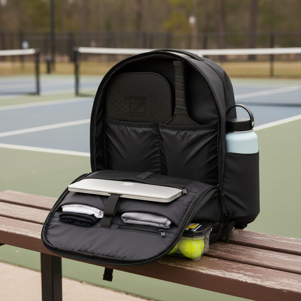 Court Ranger V2 interior showing dedicated 16-inch laptop sleeve alongside organized paddle compartment