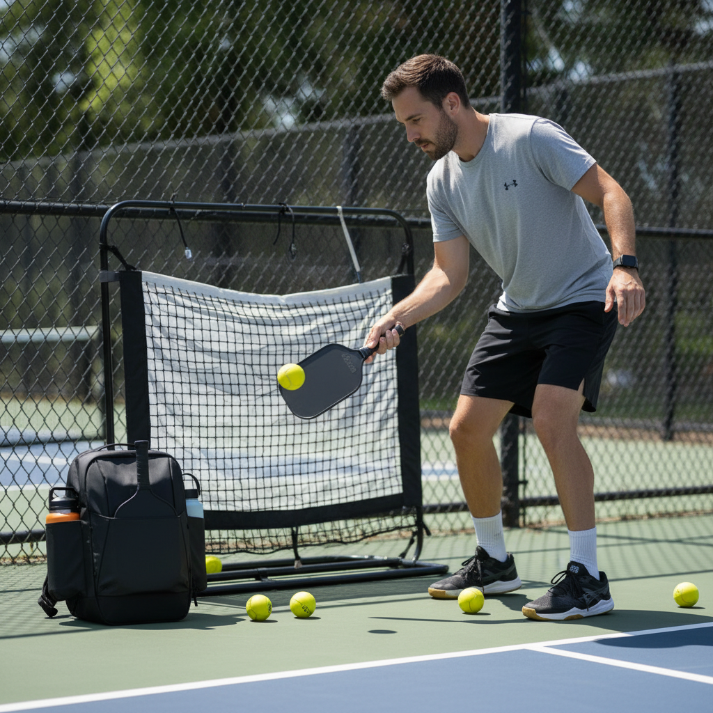 Pickleball player drilling with a rebounder net on an outdoor court — solo training session