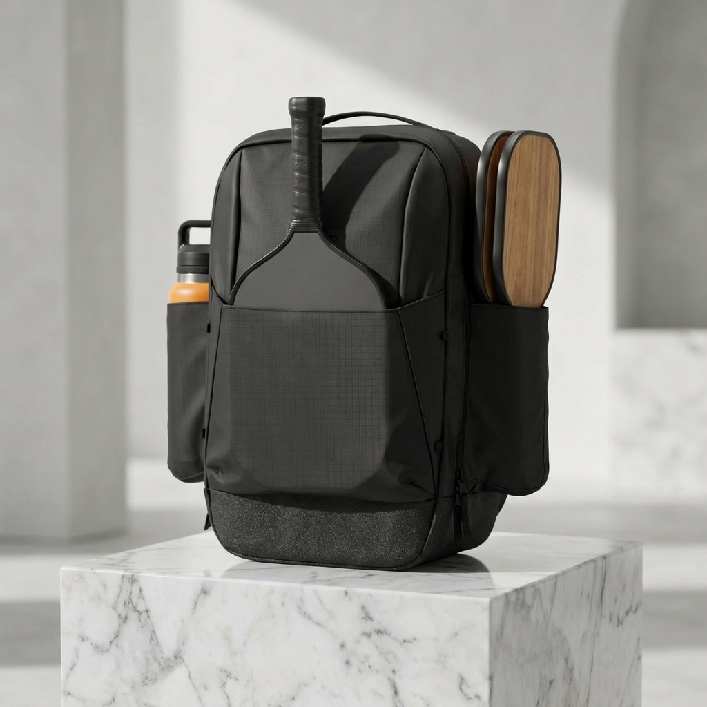 Best luxury pickleball bags 2026 — FORWRD Court Caddy premium pickleball backpack on marble surface