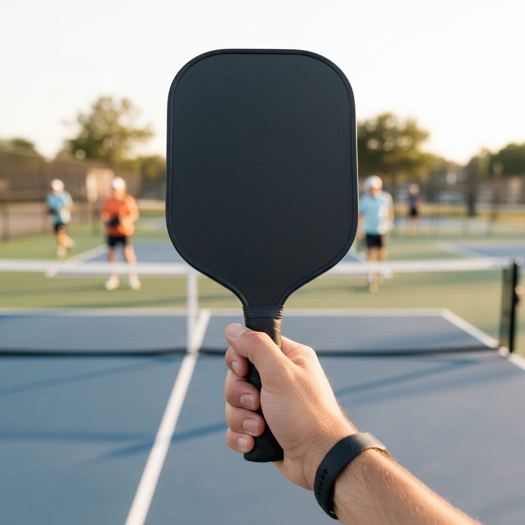 Player at kitchen line with pickleball paddle, outdoor court