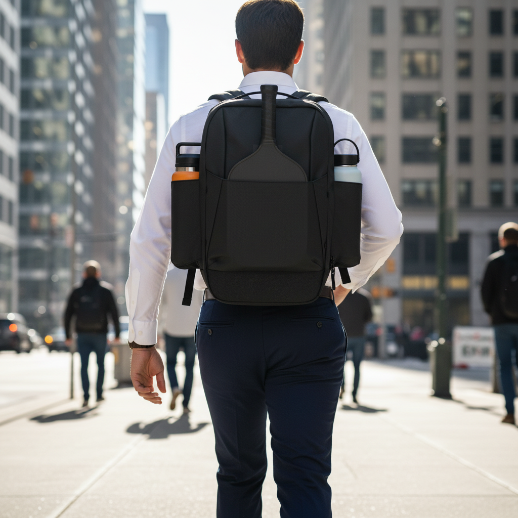 Person in business casual attire commuting with FORWRD pickleball backpack on urban sidewalk