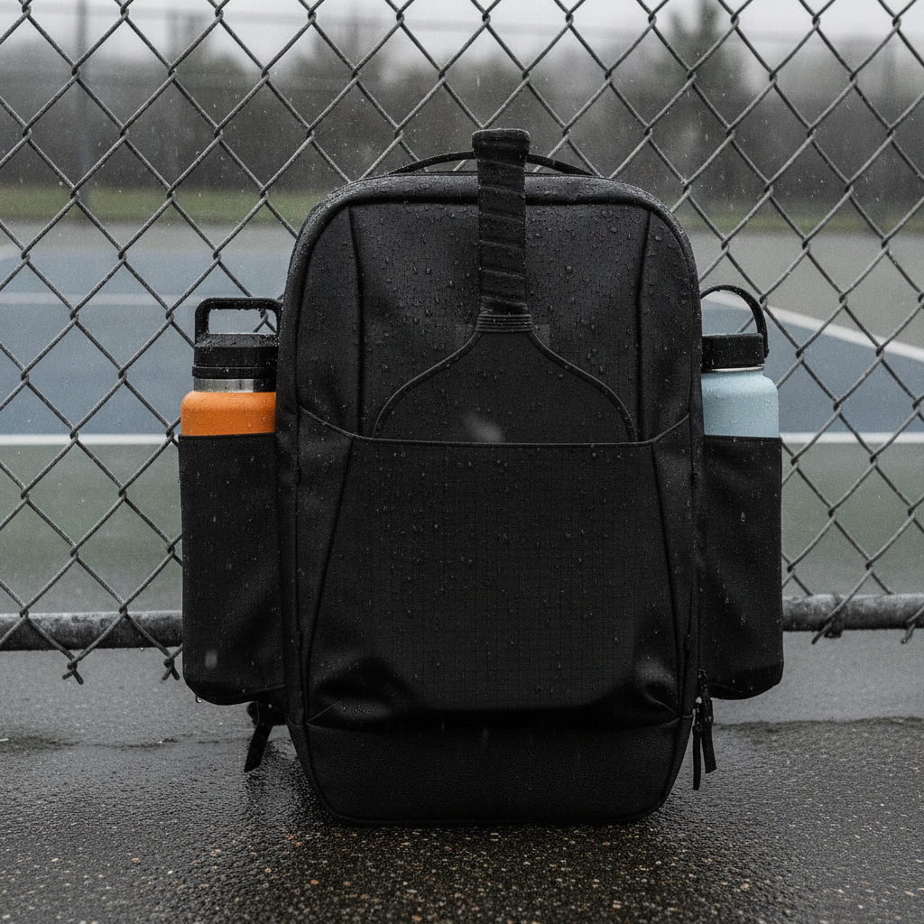 Waterproof pickleball backpack at outdoor court in light rain with water beading on bag exterior