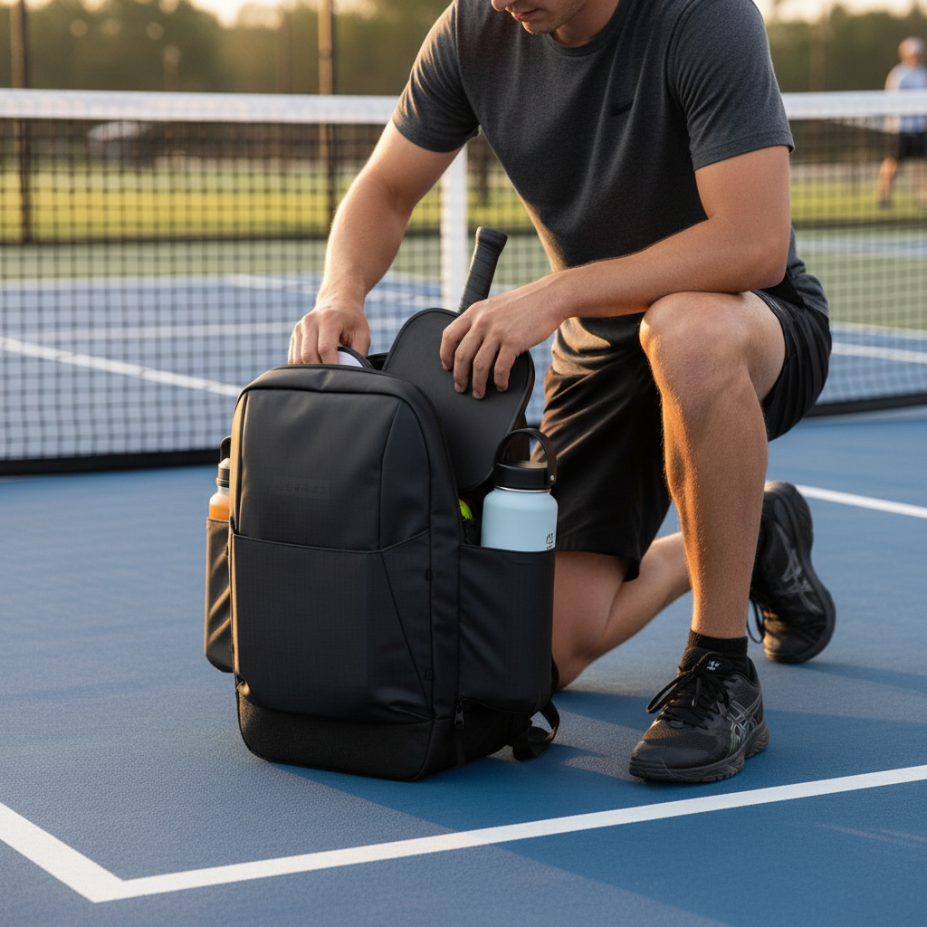 Player at outdoor pickleball court with FORWRD Court Caddy backpack, paddles and water bottle visible, golden hour lighting