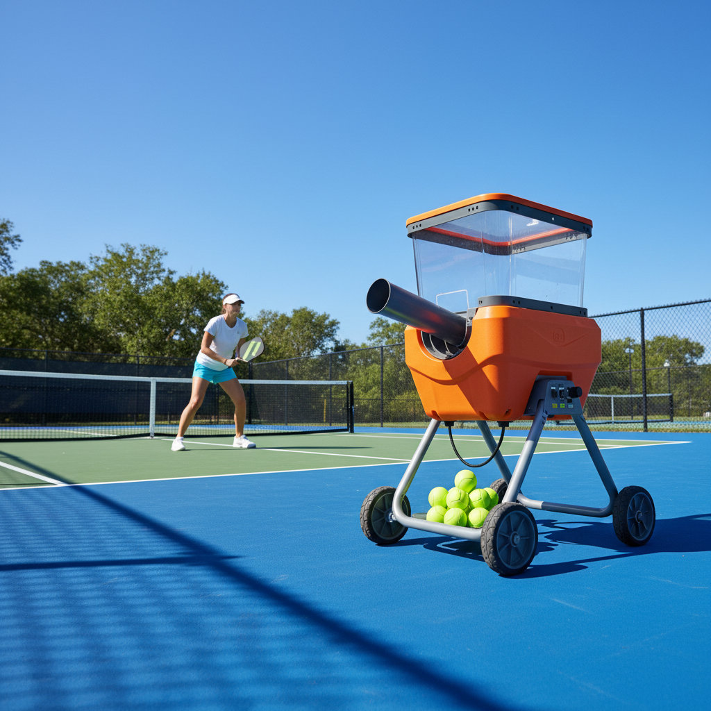 Pickleball Tutor Plus Ultra ball machine on outdoor court, player in background ready to receive a drill feed