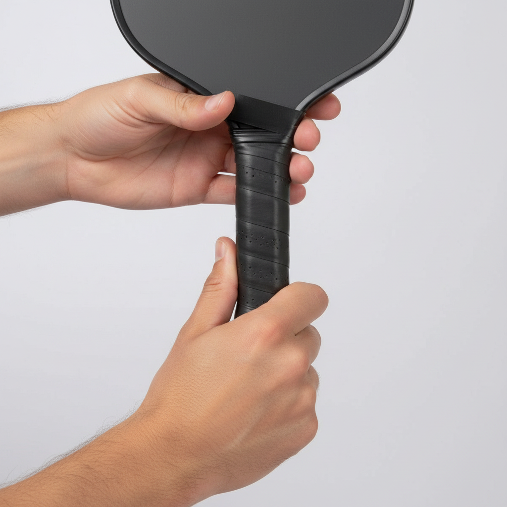 Hands installing a replacement grip on a pickleball paddle handle, showing the wrapping technique at 45-degree angle