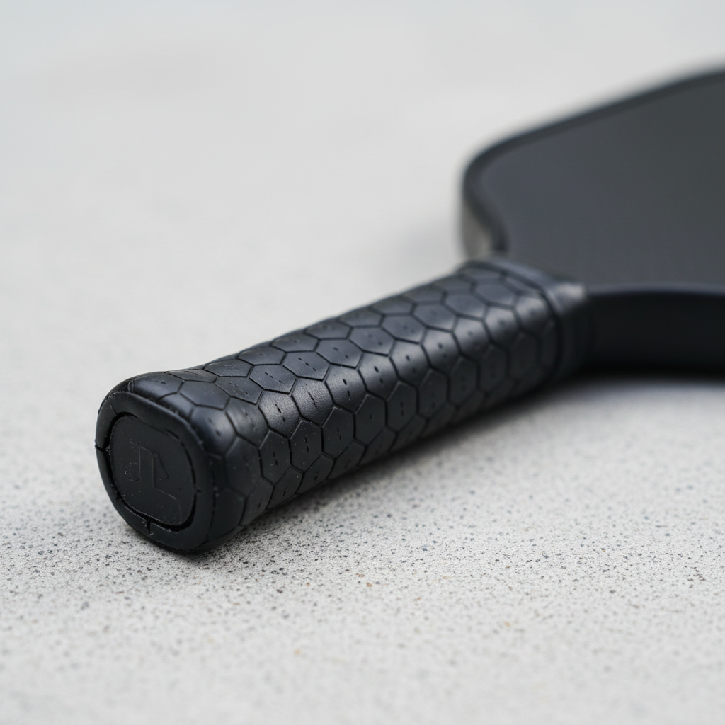 Close-up of a pickleball paddle grip showing premium textured replacement grip surface detail and octagonal cross-section