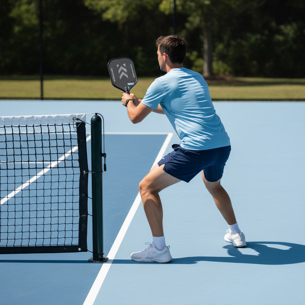 Pickleball player in erne setup position at the NVZ corner, weight forward and paddle ready near the net post