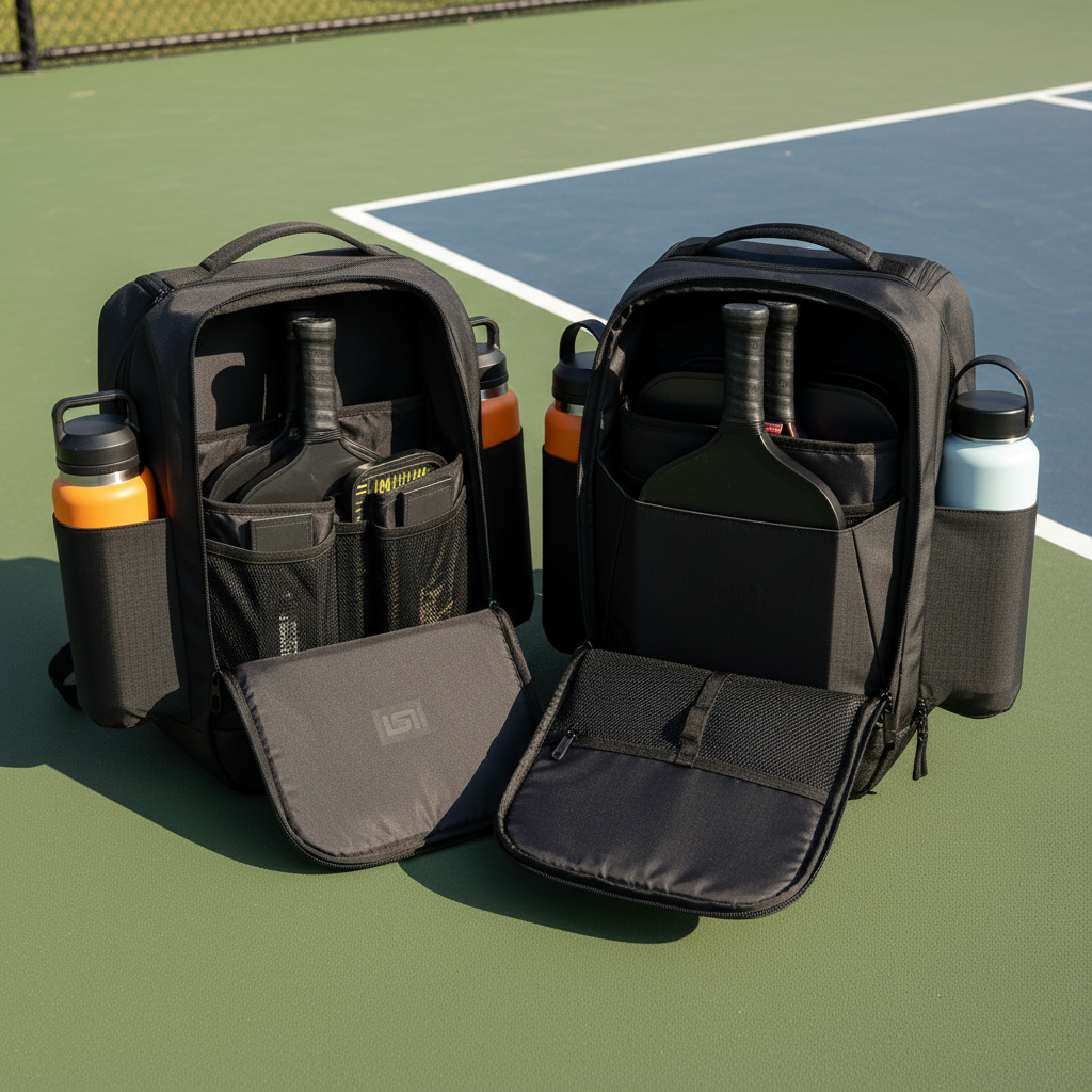 Six Zero Pro Tour bag and CRBN Pro Team Backpack side by side on a pickleball court