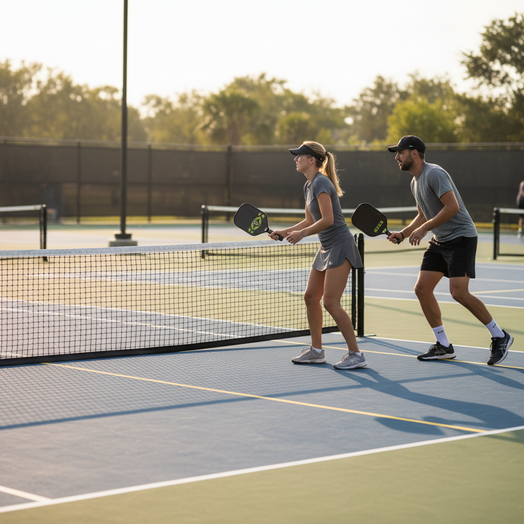 Pickleball doubles team executing a stacking formation before the serve — both players positioned on the same side of the court