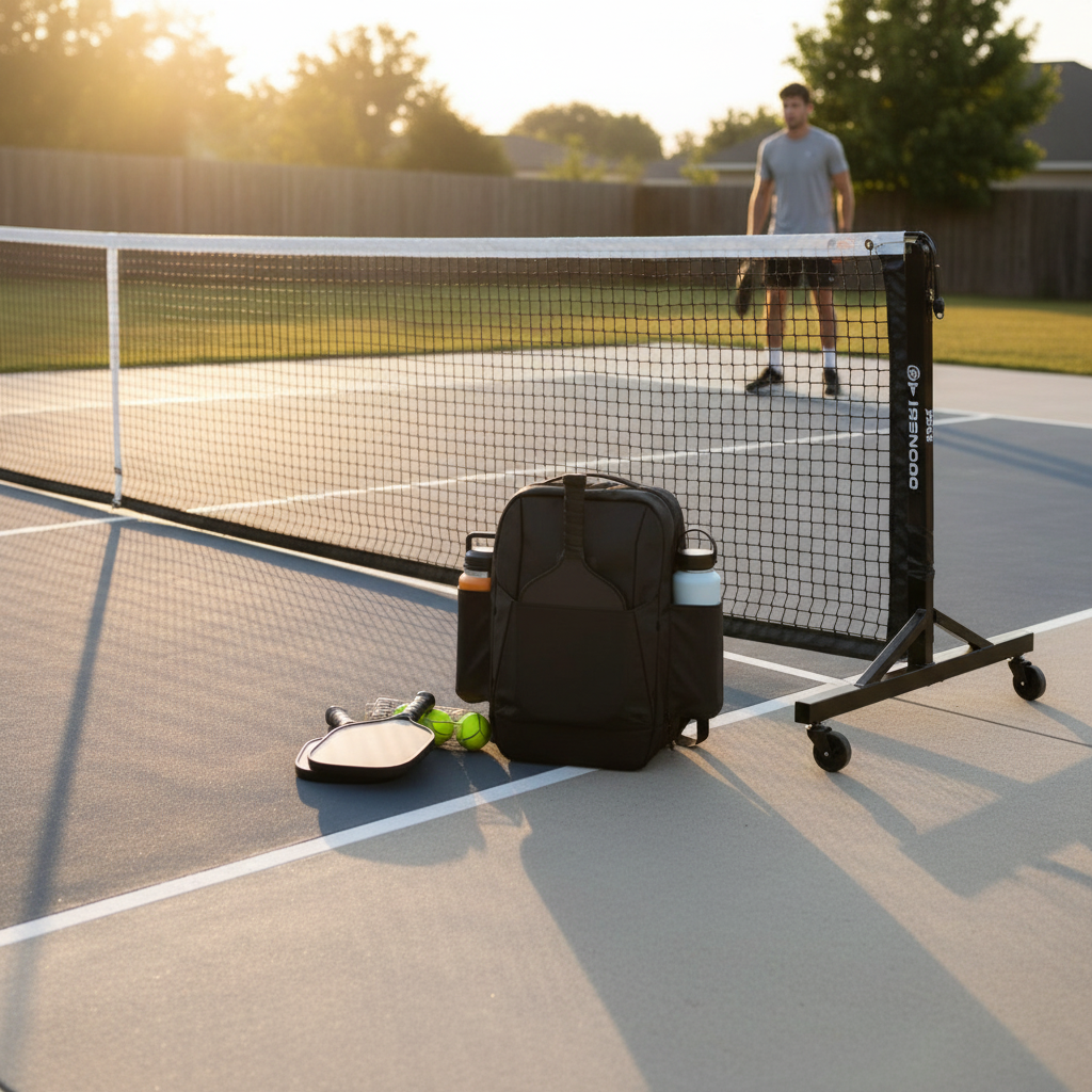 Premium portable pickleball net system fully assembled on backyard concrete court with rolling wheeled base visible, golden hour lighting
