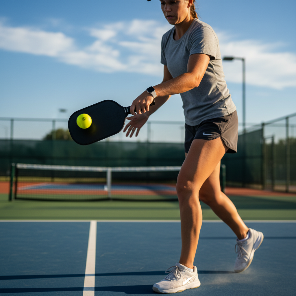 Pickleball player demonstrating proper paddle technique for tennis elbow prevention