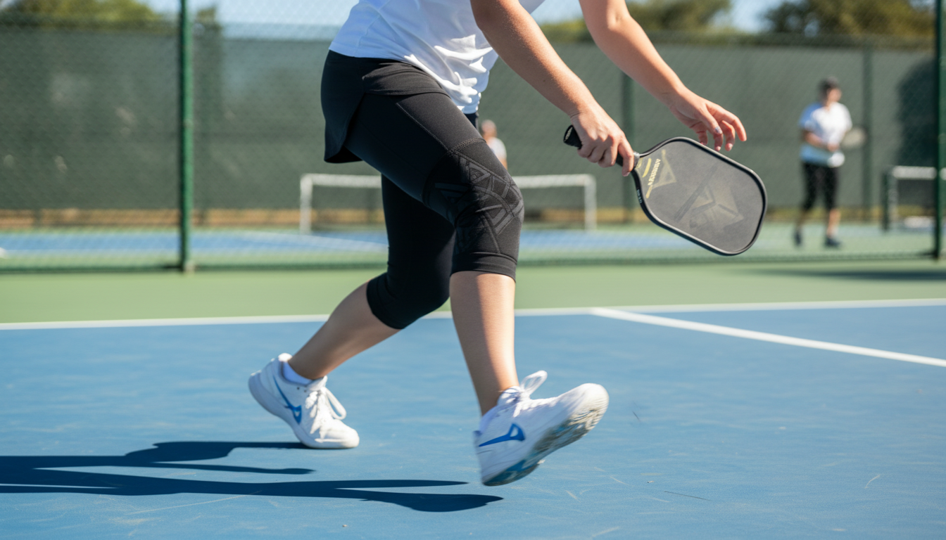 Pickleball player in explosive lateral movement showing compression knee sleeve support during a rally