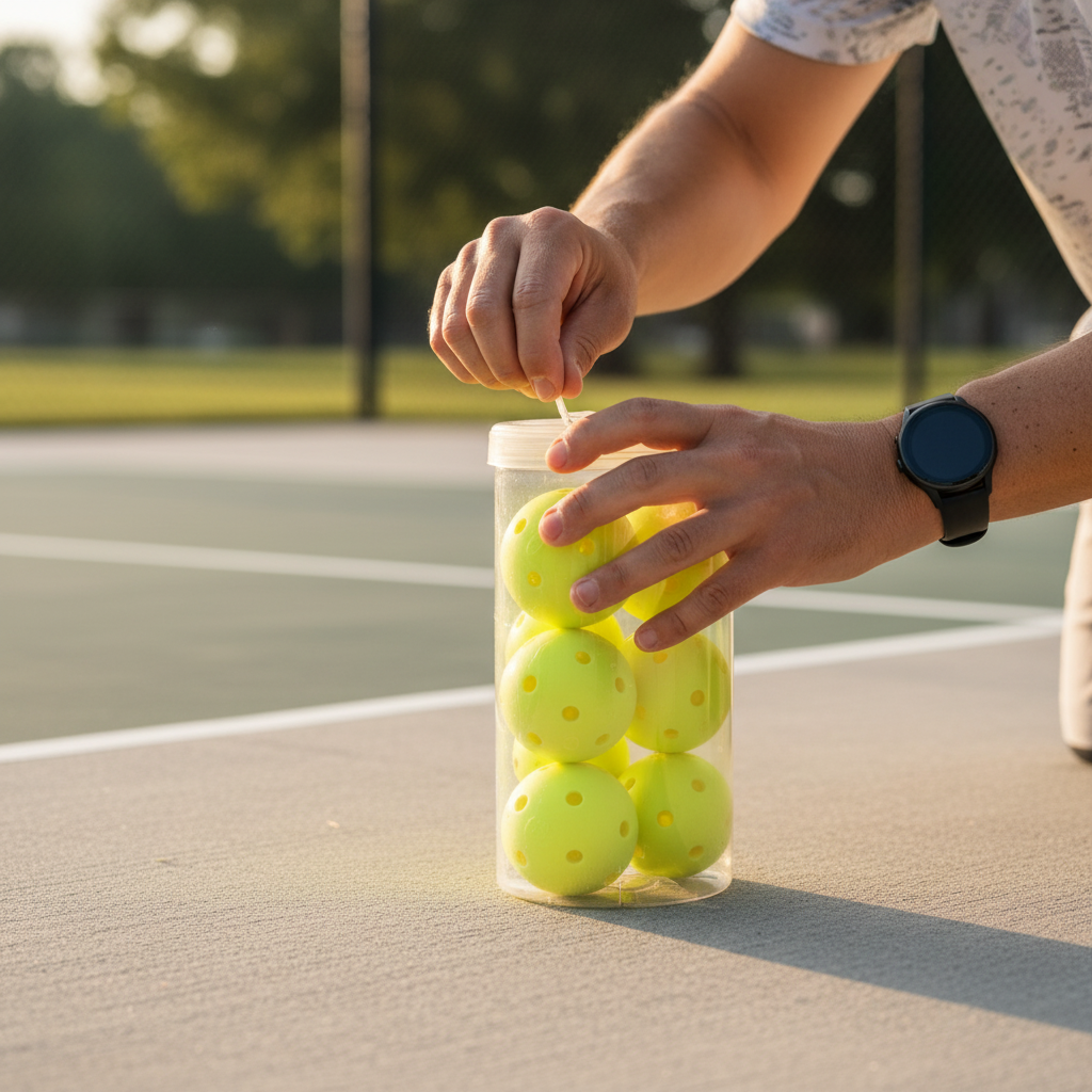 Player opening a canister of GAMMA Photon outdoor pickleballs at the edge of a pickleball court