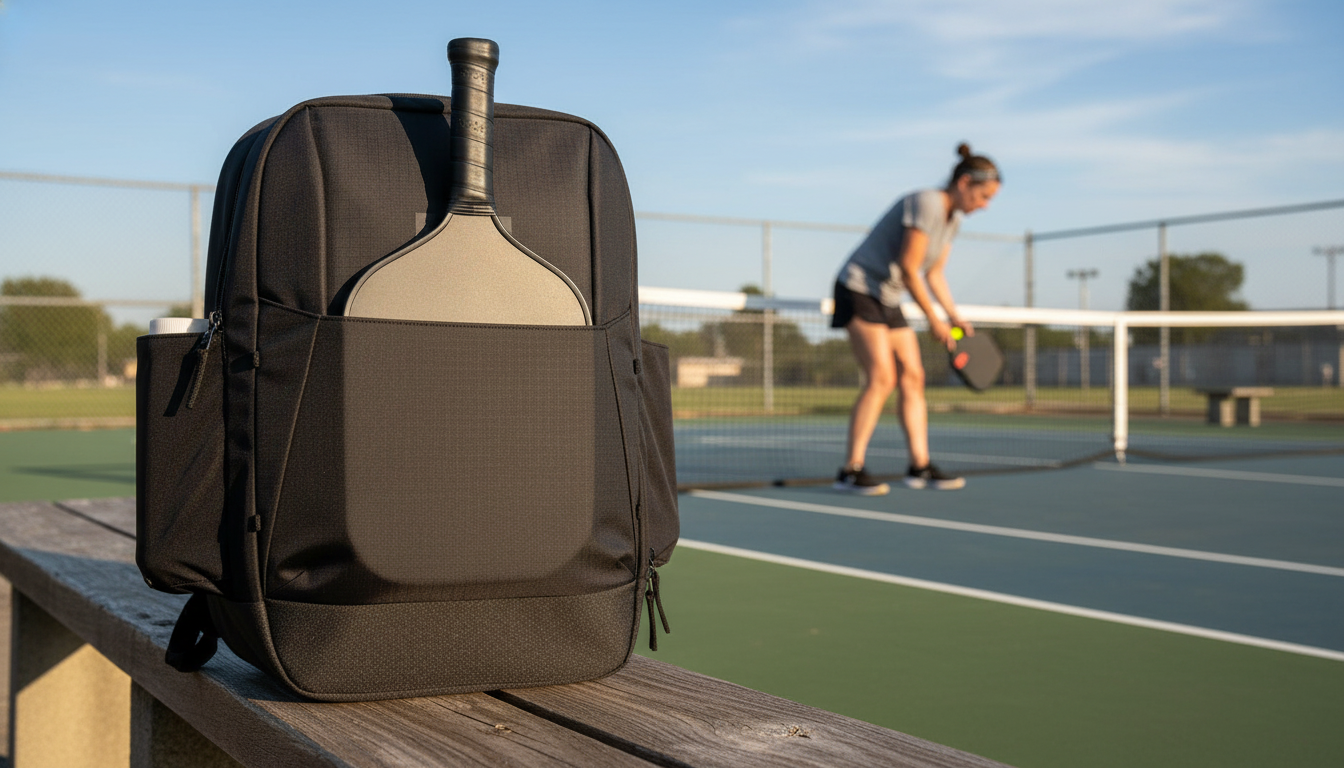 Pickleball player setting down a dark backpack courtside at an outdoor hard court — Franklin Pro Series bag review