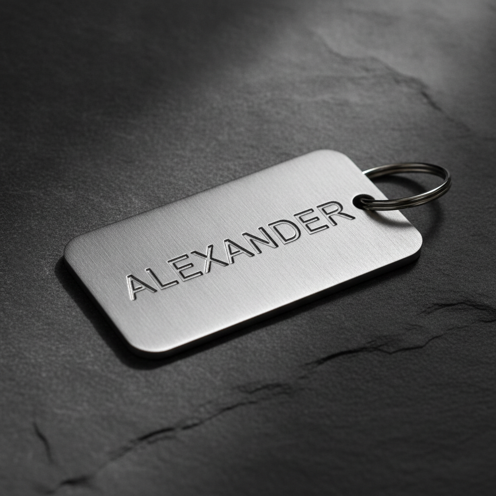 Close-up of custom laser engraved aluminum bag tag with name engraving on dark surface showing engraving depth