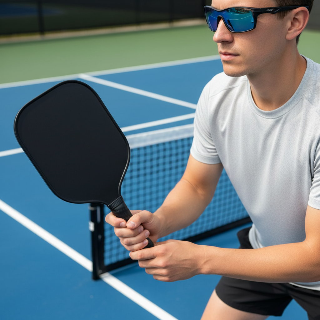 Pickleball player wearing protective eyewear courtside on a bright outdoor hard court, paddle in hand