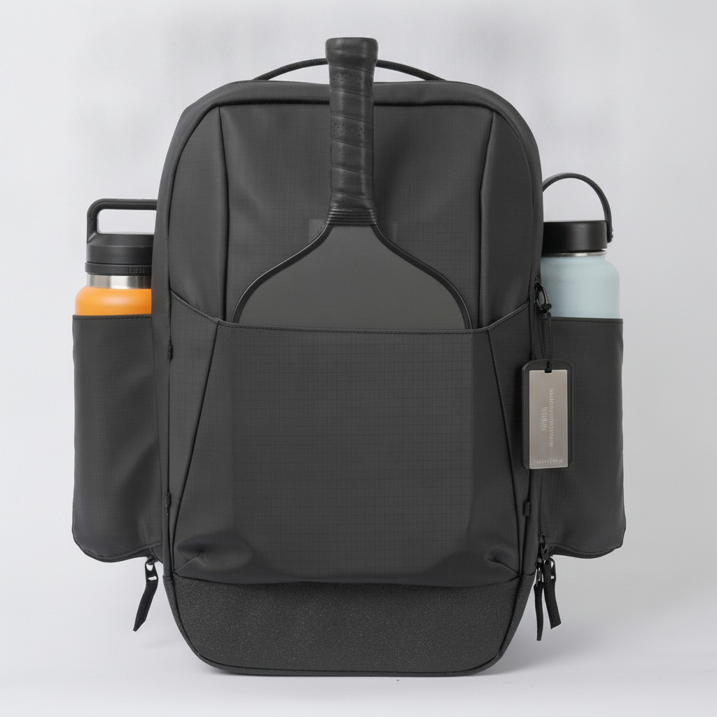 Personalized pickleball backpack on white studio surface with custom engraved bag tag and paddle handle visible