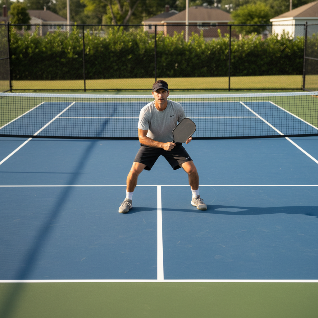 Pickleball singles player in ready stance at centerline recovery position on outdoor court after returning a shot