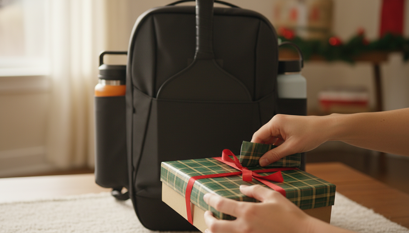 Pickleball Christmas gift unwrapping — court bag and paddle gift presentation