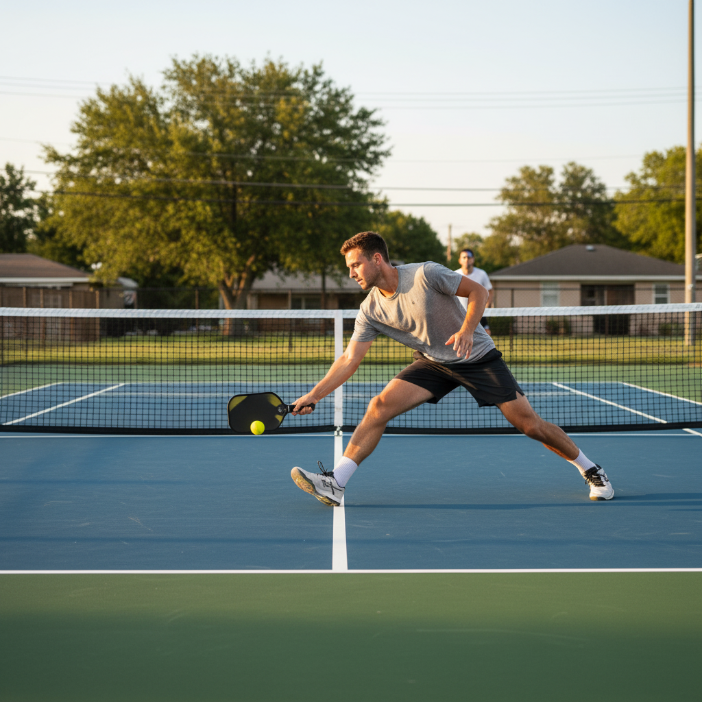Pickleball singles player reaching for a forehand on an outdoor court — court geometry and wide coverage visible