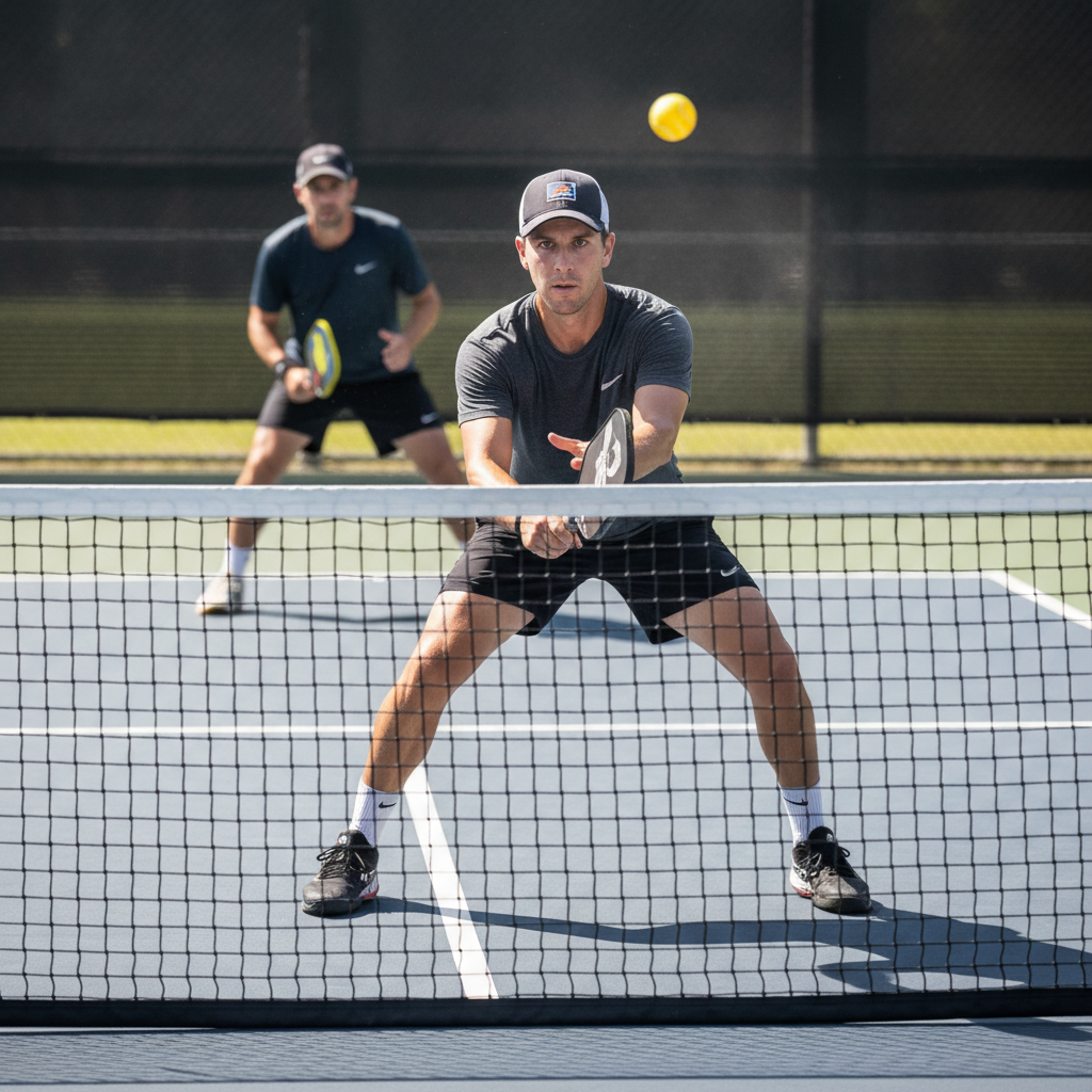 Pickleball player executing a soft reset block at the non-volley zone against a hard-hitting opponent