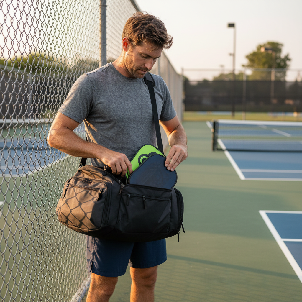Pickleball player at court fence pulling paddles from a bag — comparing Franklin vs JOOLA storage organization