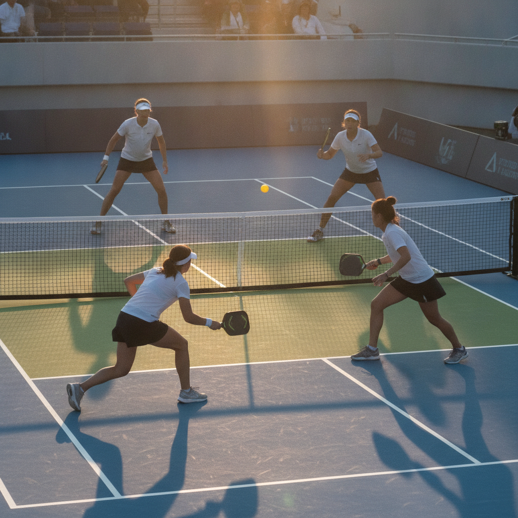 Pickleball doubles match on a competitive court at golden hour — international competition energy