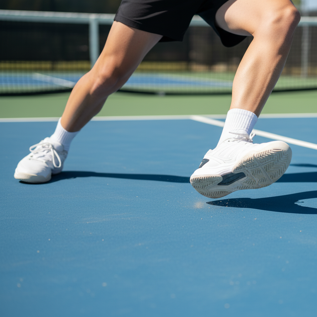 Player performing lateral split-step movement on outdoor pickleball court showing court shoe traction and foot positioning