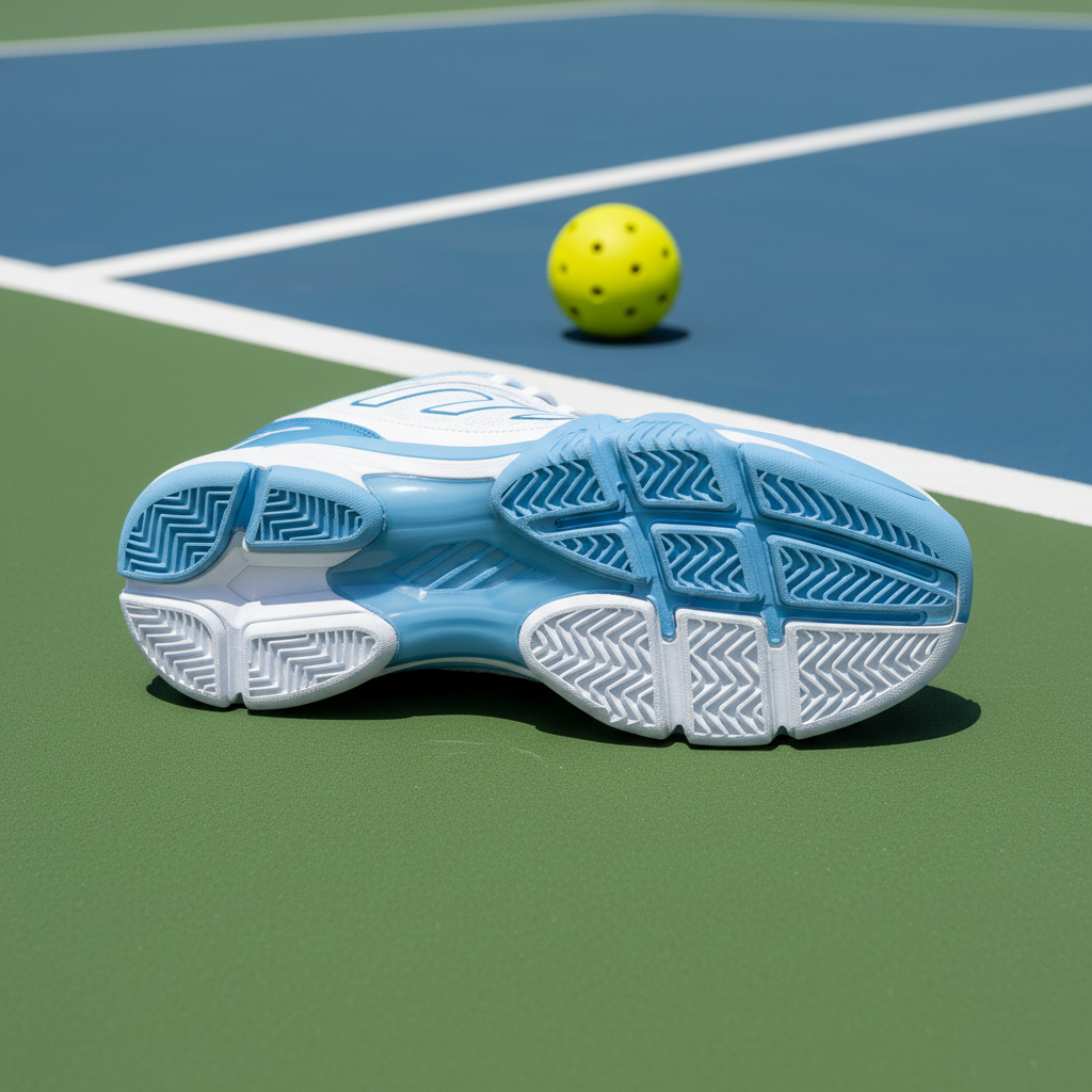 SQAIRZ XRZ pickleball court shoe on an outdoor court surface showing lateral support and traction pattern