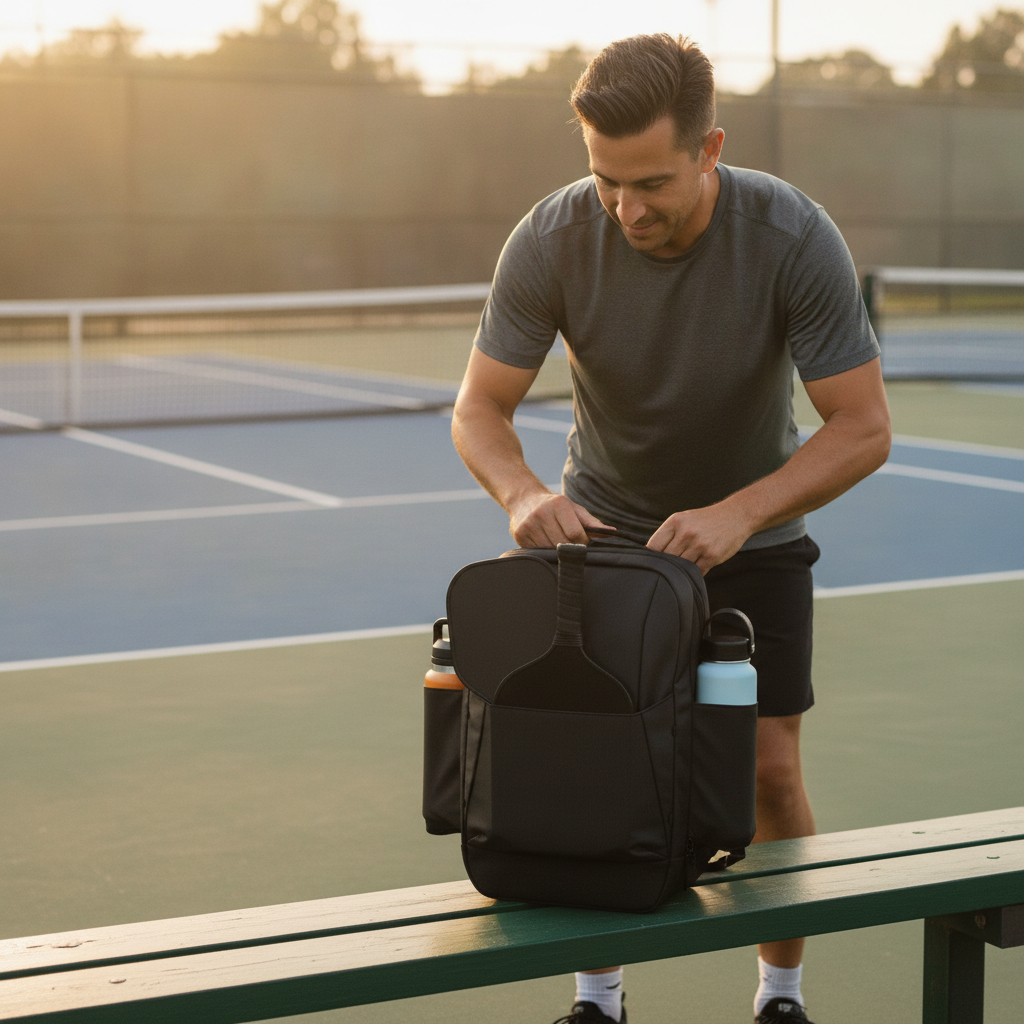 Male pickleball player arriving at outdoor courts with FORWRD Court Caddy backpack at golden hour