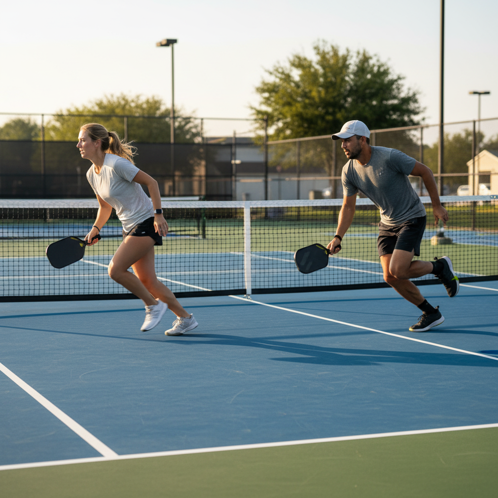 Pickleball doubles players crossing to their preferred sides after a server-side stack, showing the dynamic transition movement