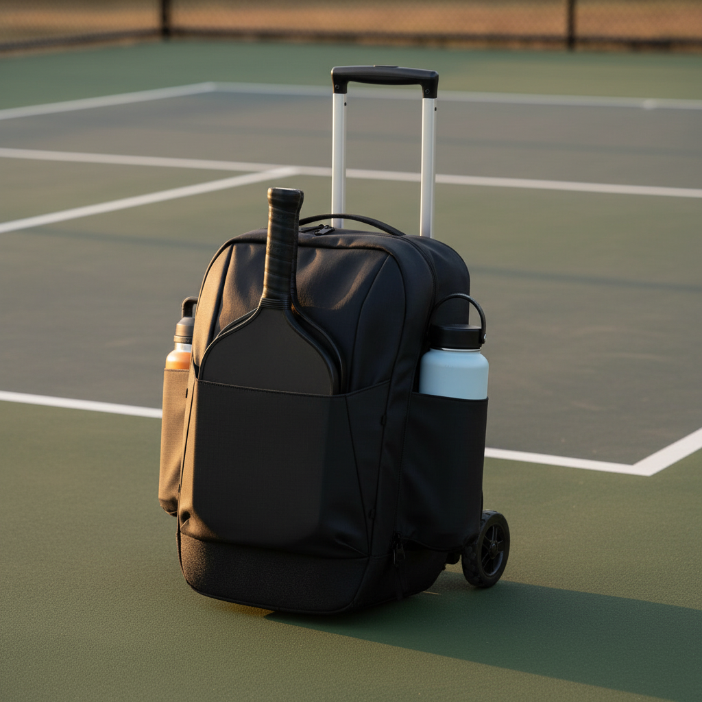 Rolling pickleball bag with wheels on outdoor court surface, paddles loaded, afternoon light