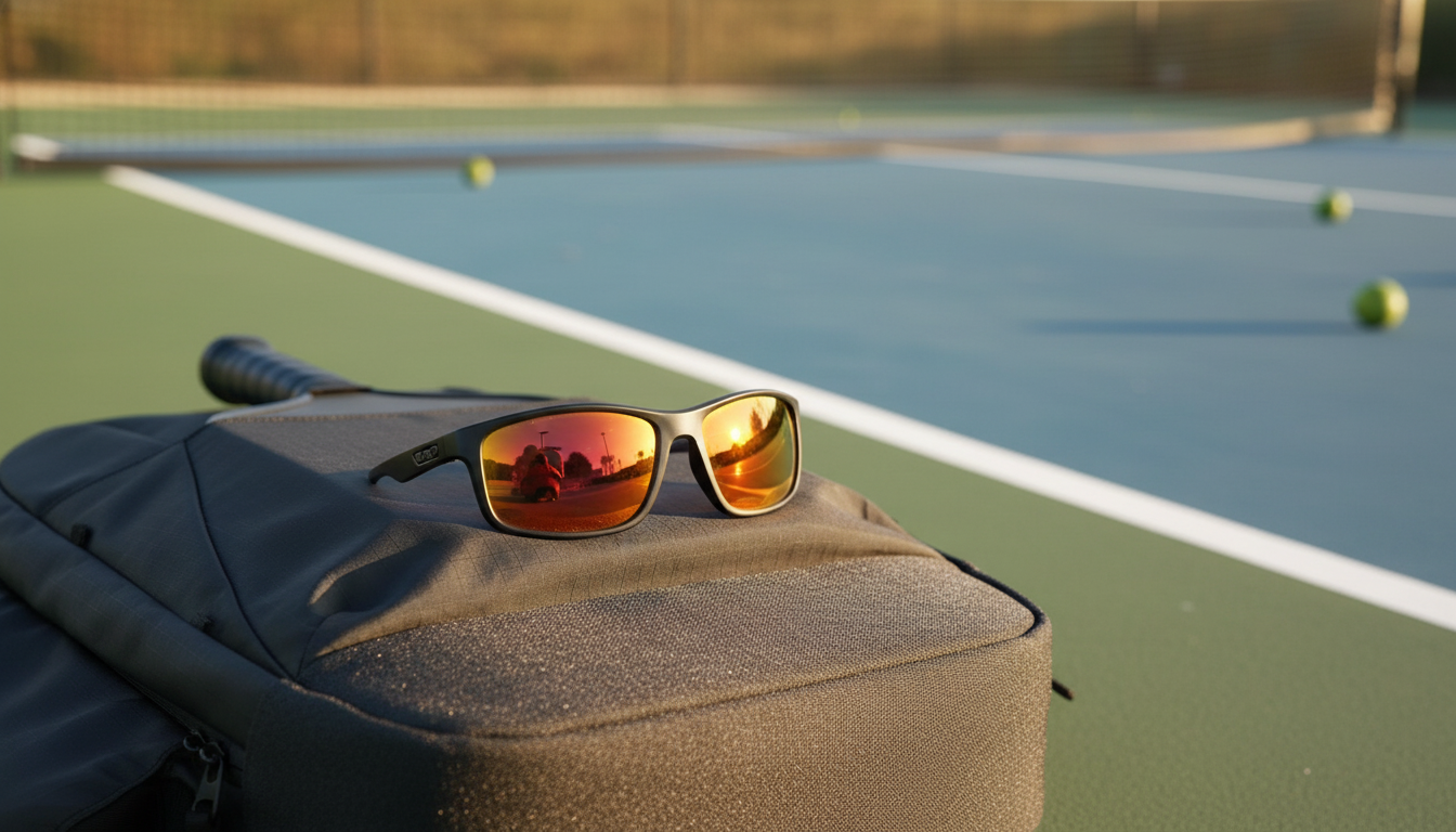 Close-up of sport performance sunglasses resting on a pickleball bag near an outdoor court, warm natural light highlighting the tinted lens
