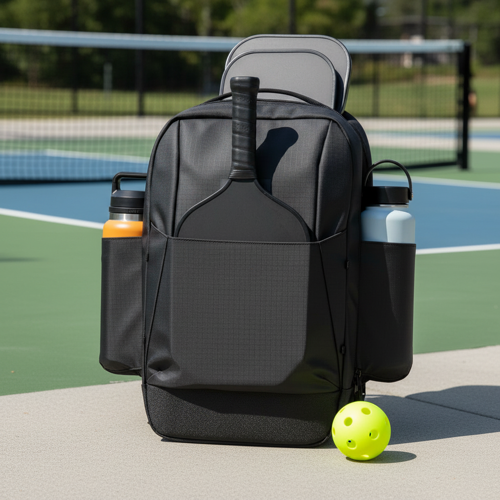 Premium pickleball backpack organized on court — paddles, water bottle, and gear packed for tournament play
