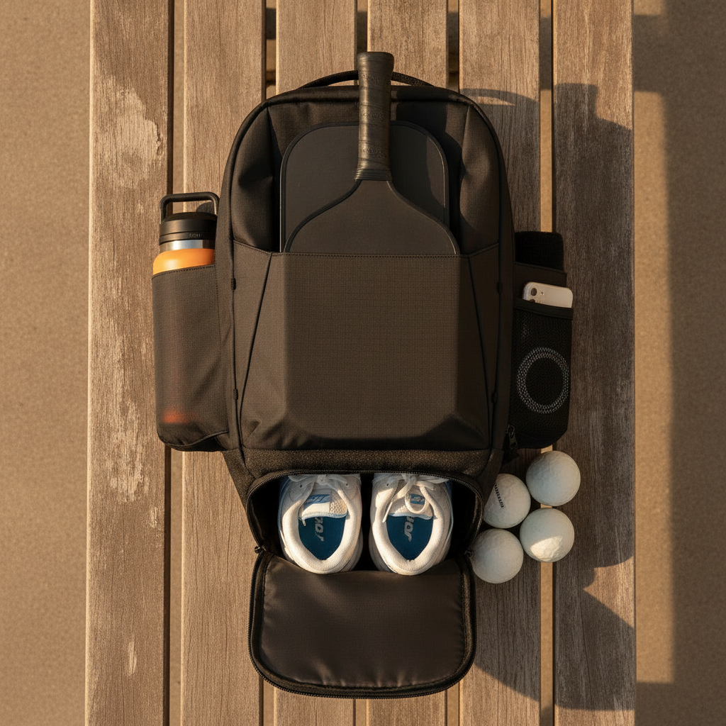 Organized pickleball backpack with paddles, water bottle, and court shoes laid out on a courtside bench