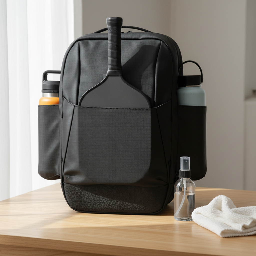 Pickleball bag on clean table next to cleaning supplies ready for bag maintenance routine