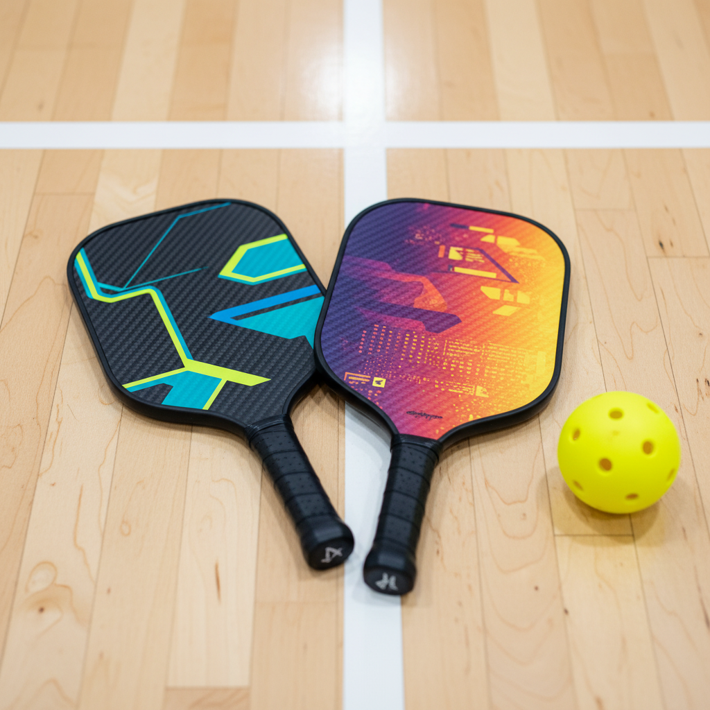 FRIDAY pickleball paddles — elongated and widebody options laid on court surface