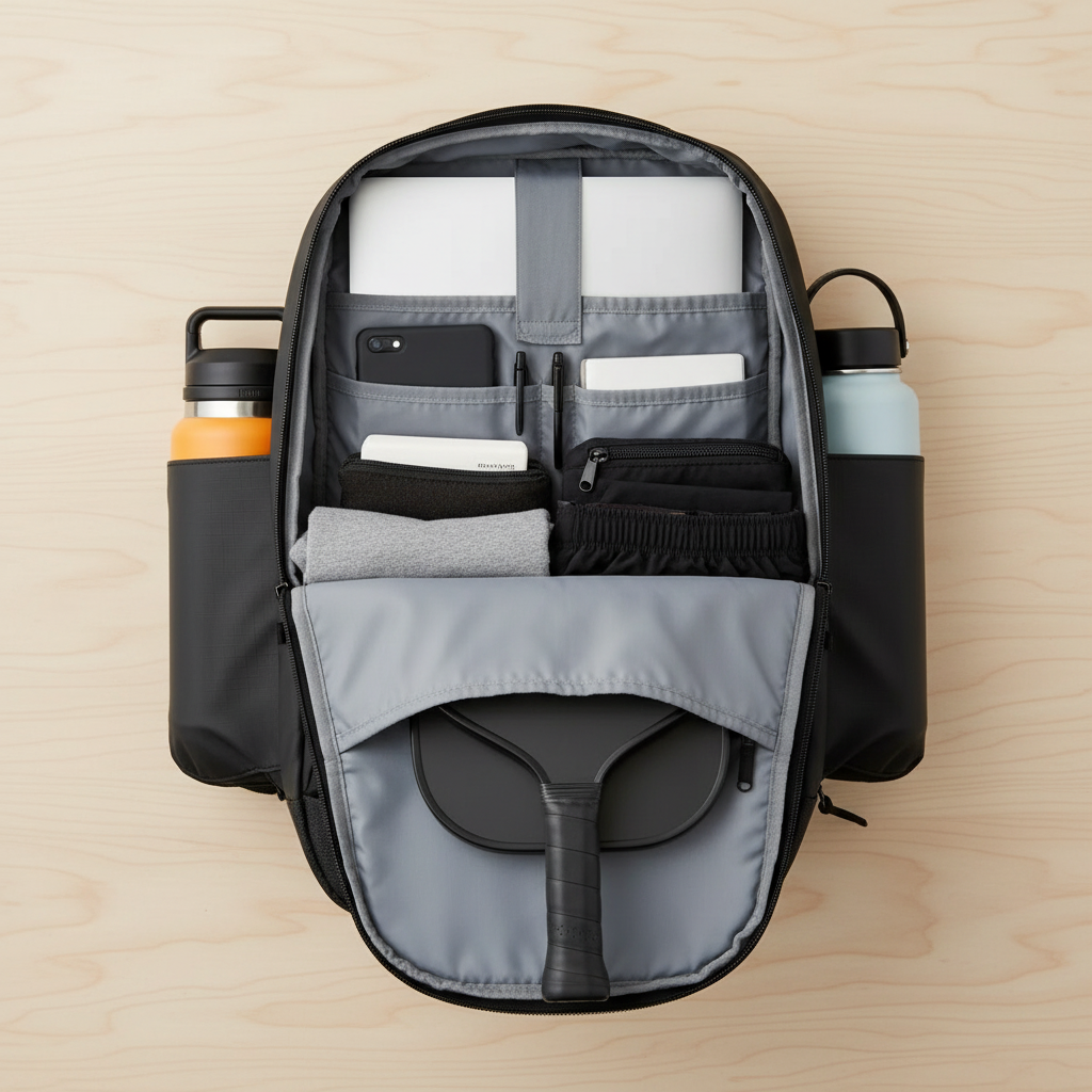 FORWRD Court Caddy pickleball backpack open showing laptop sleeve and paddle compartment organization for commuting