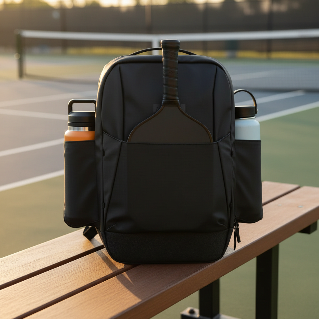 FORWRD Court Caddy pickleball backpack organized on courtside bench with paddles visible