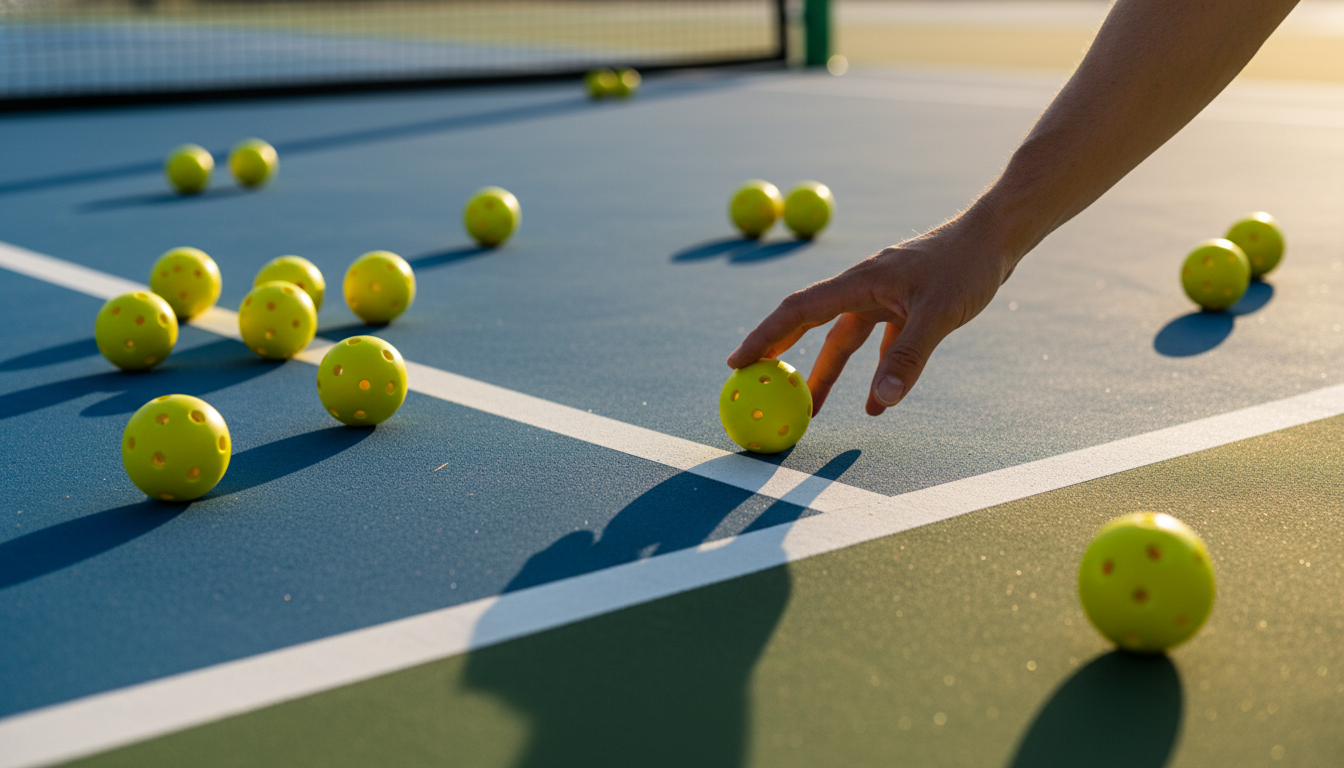 Outdoor pickleball balls on a blue court surface, one ball being picked up by a player's hand