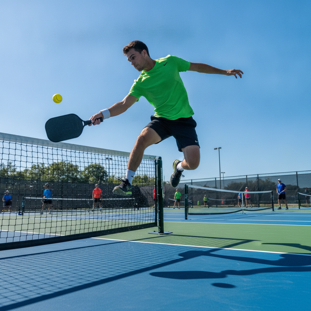 Pickleball player leaping around the net post to execute an erne shot volley outside the kitchen boundary