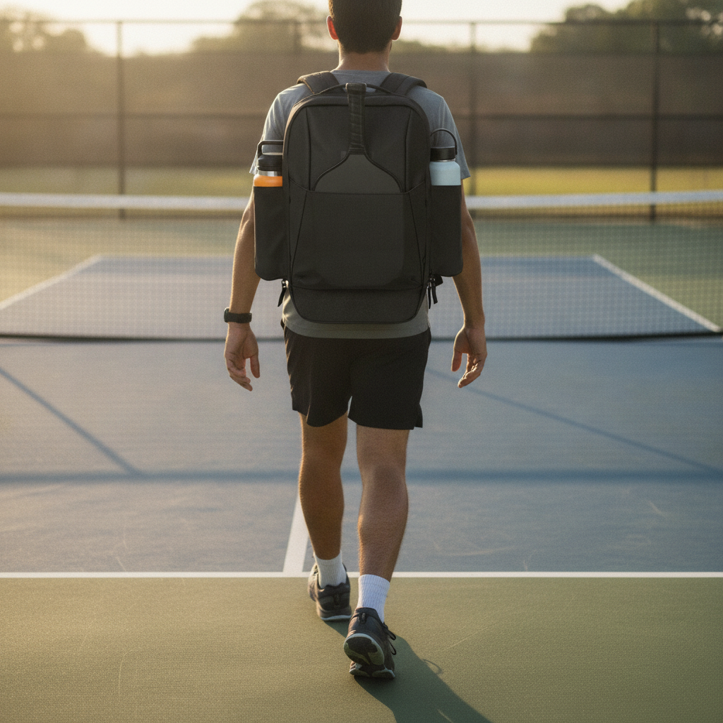 Player walking to outdoor pickleball court with backpack hands-free, paddle visible in sleeve