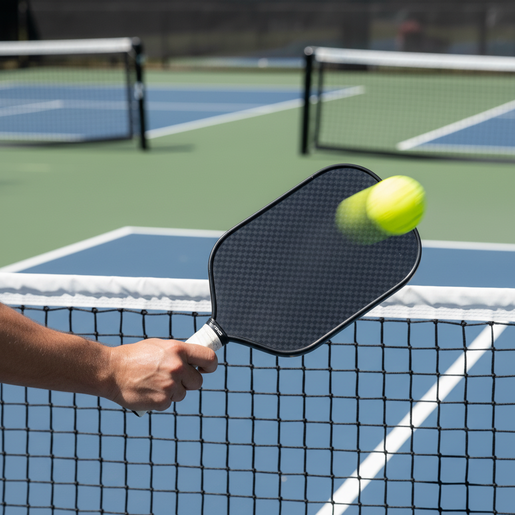 JOOLA Scorpeus Pro V Anna Bright 16mm pickleball paddle at the kitchen line — textured carbon fiber face in action