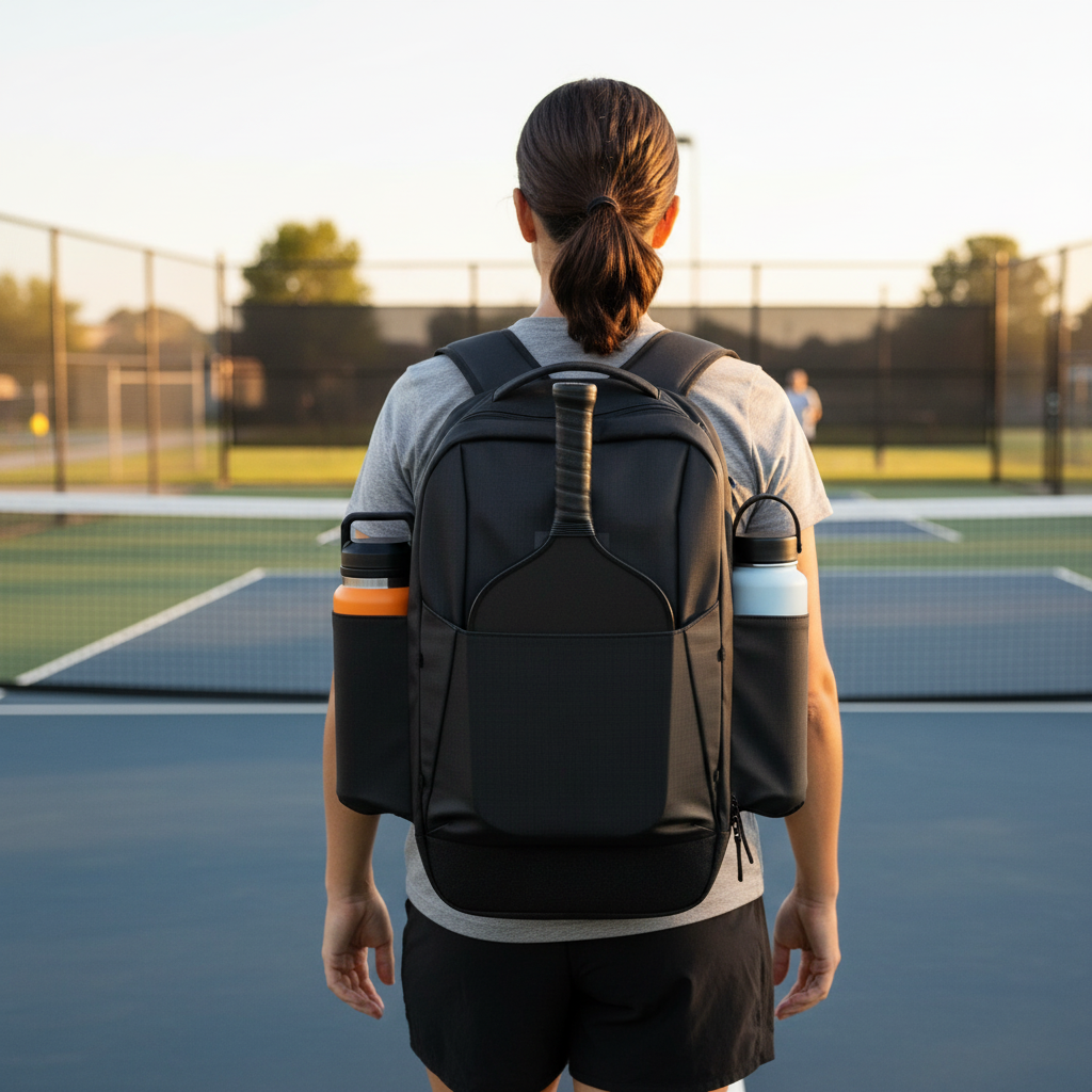 Tournament pickleball player carrying a backpack on court, paddles visible in the back sleeve
