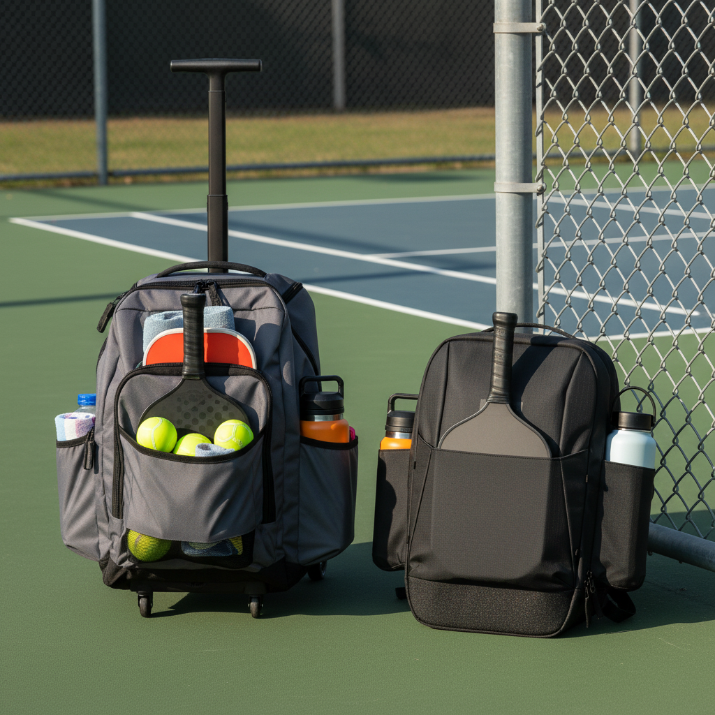 Side-by-side comparison: rolling pickleball cart bag with extended handle versus compact backpack leaning on court fence