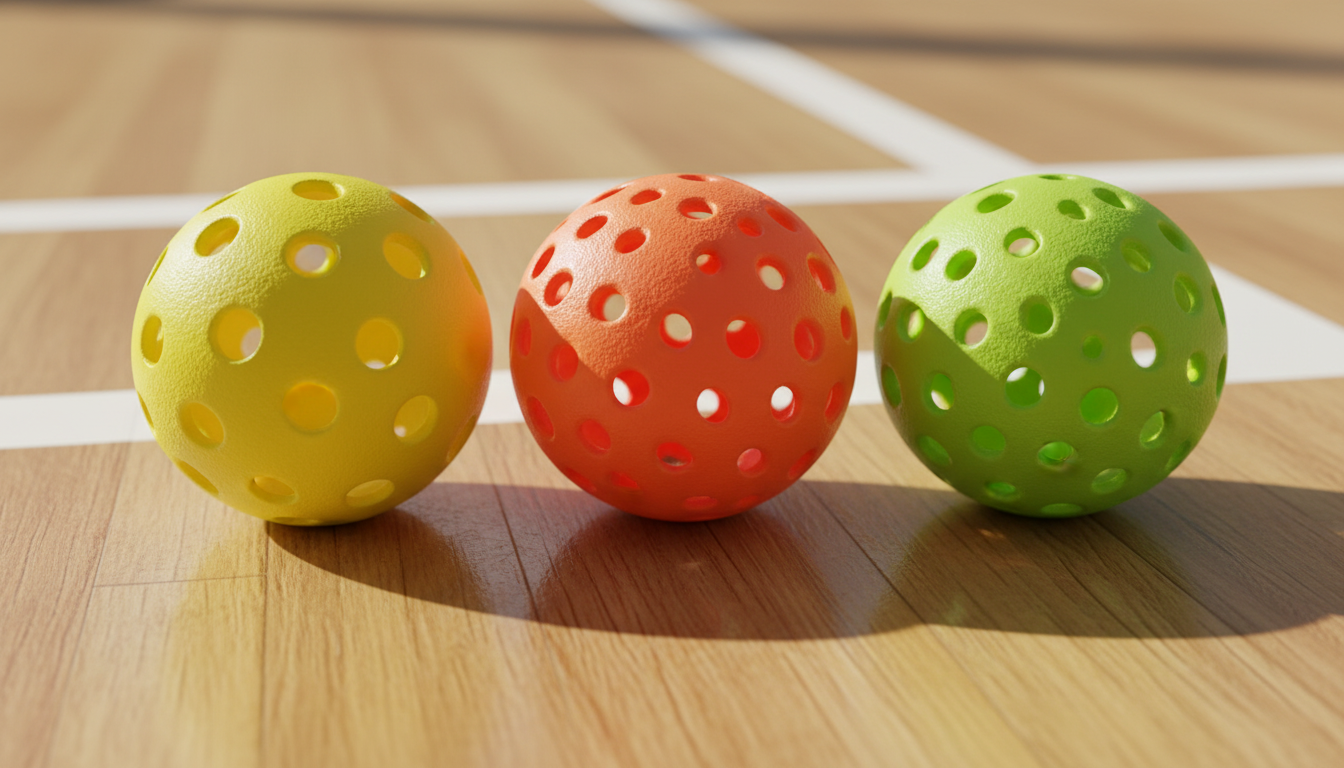 Three outdoor pickleballs lined up on a wooden court floor showing hole patterns and textures for comparison